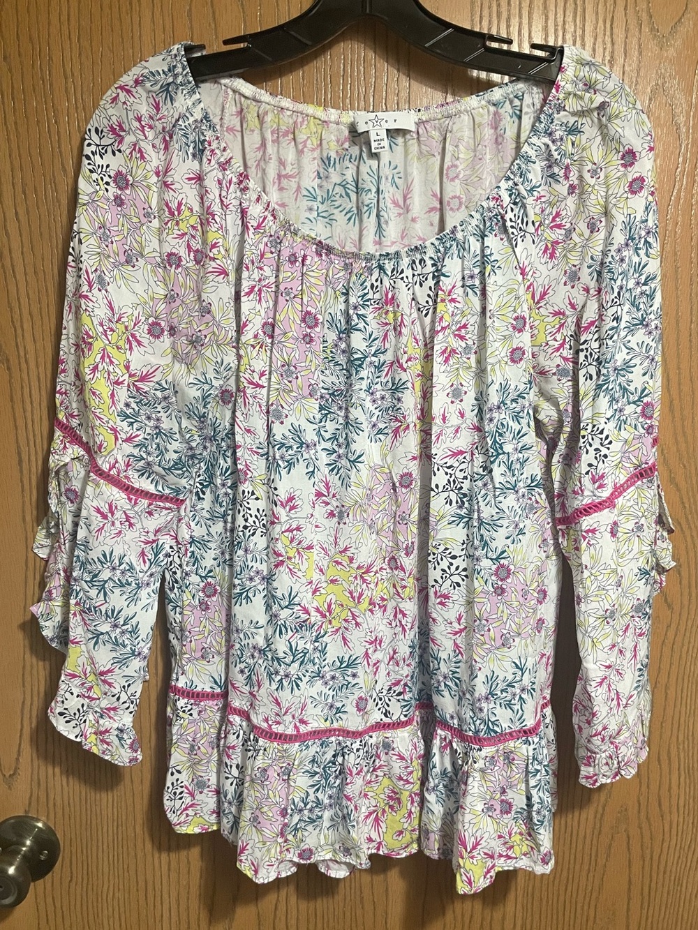 Floral Peasant Blouse - White, Pink, Yellow, Blue